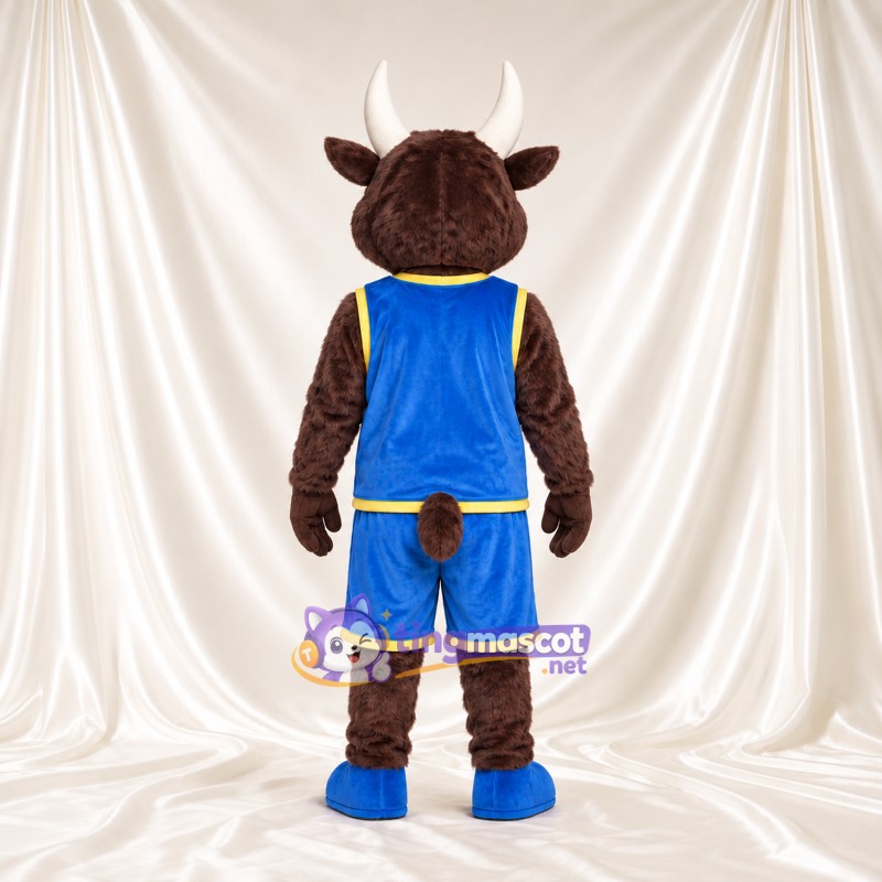 Maskottchenkostüm Bison – braun – Basketballtrikot (blau) Maskottchenkostüm Bison – braun – Basketballtrikot (blau)
