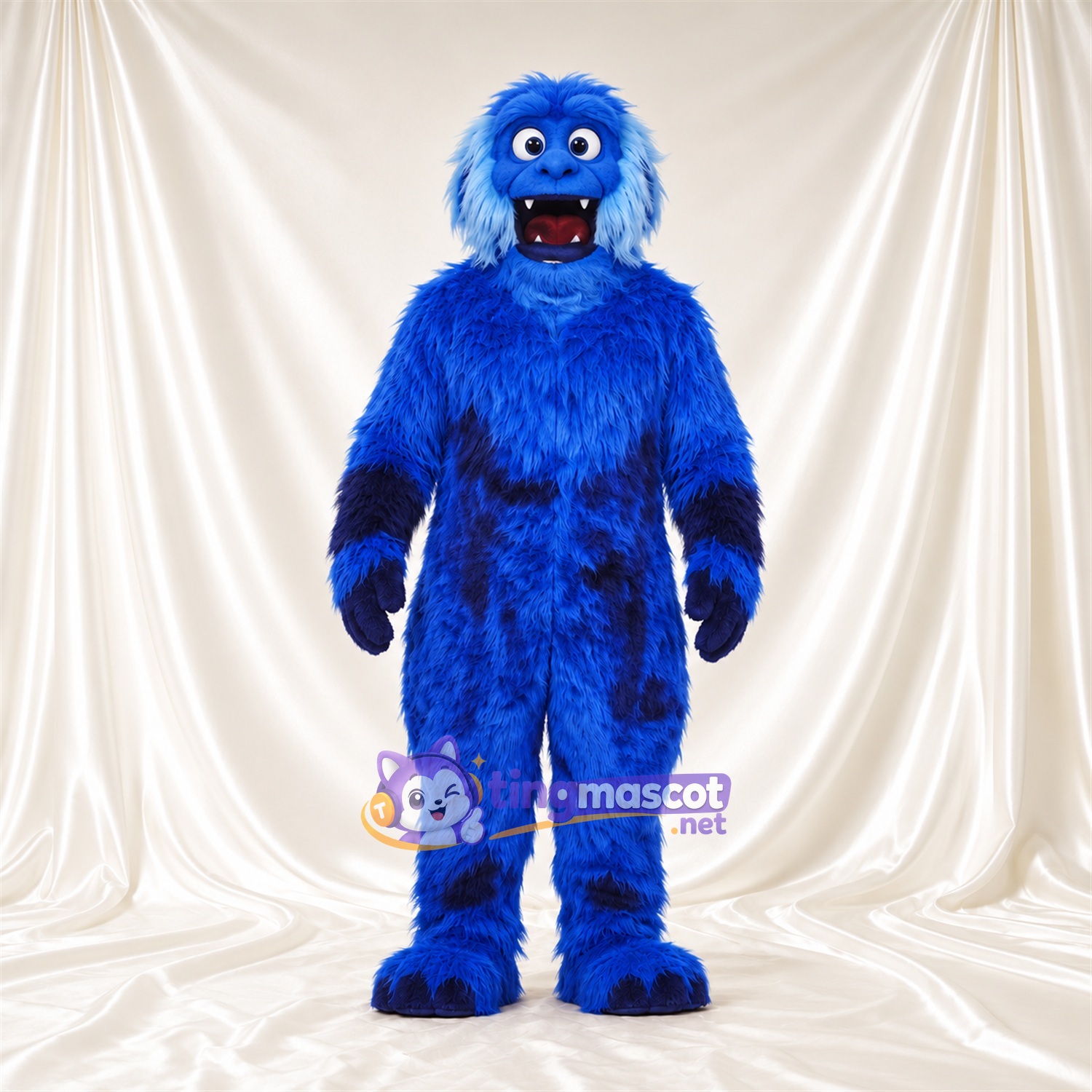 Costume de mascotte Monstre – bleu – Bouche ouverte; Fourrure hirsute Costume de mascotte Monstre – bleu – Bouche ouverte; Fourrure hirsute