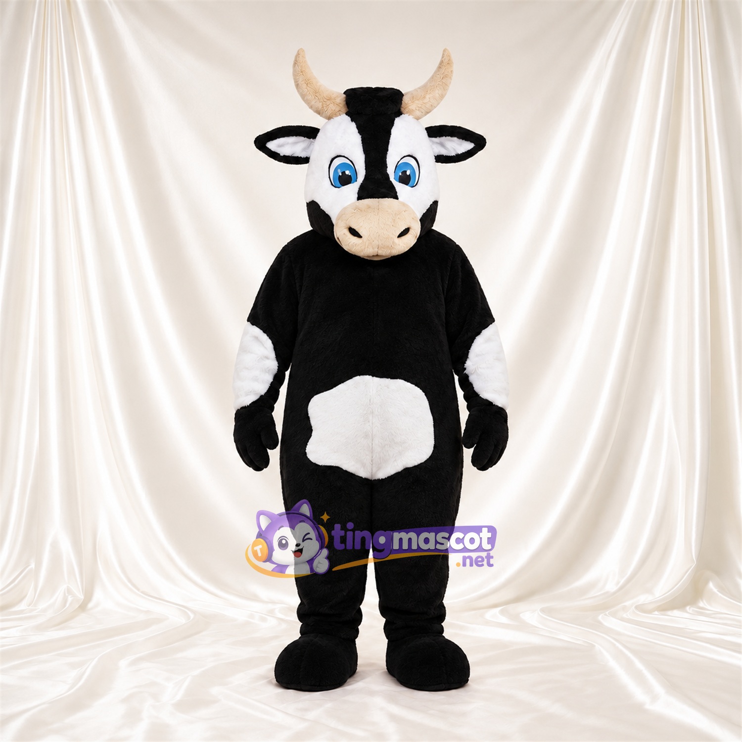 Black and White Bull Mascot Costume - Tan Horns and Blue Eyes Black and White Bull Mascot Costume - Tan Horns and Blue Eyes