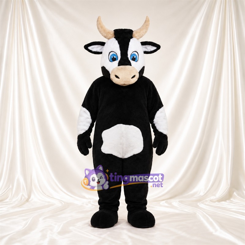 Black and White Bull Mascot Costume - Tan Horns and Blue Eyes Black and White Bull Mascot Costume - Tan Horns and Blue Eyes