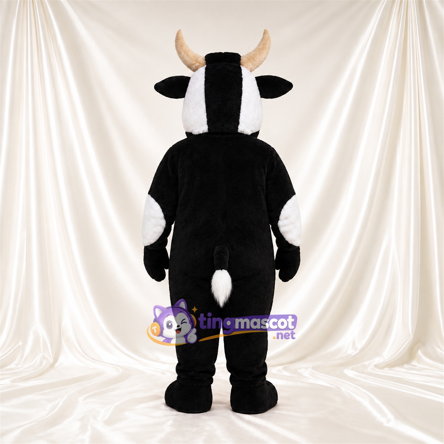 Black and White Bull Mascot Costume - Tan Horns and Blue Eyes Black and White Bull Mascot Costume - Tan Horns and Blue Eyes