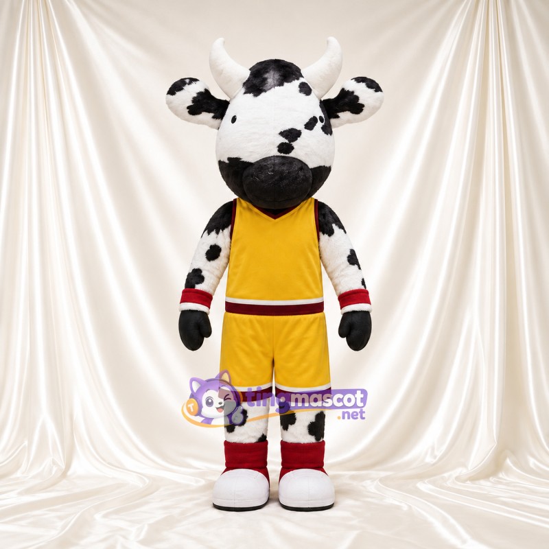 Black and White Cow Mascot Costume - Yellow Basketball Uniform Black and White Cow Mascot Costume - Yellow Basketball Uniform