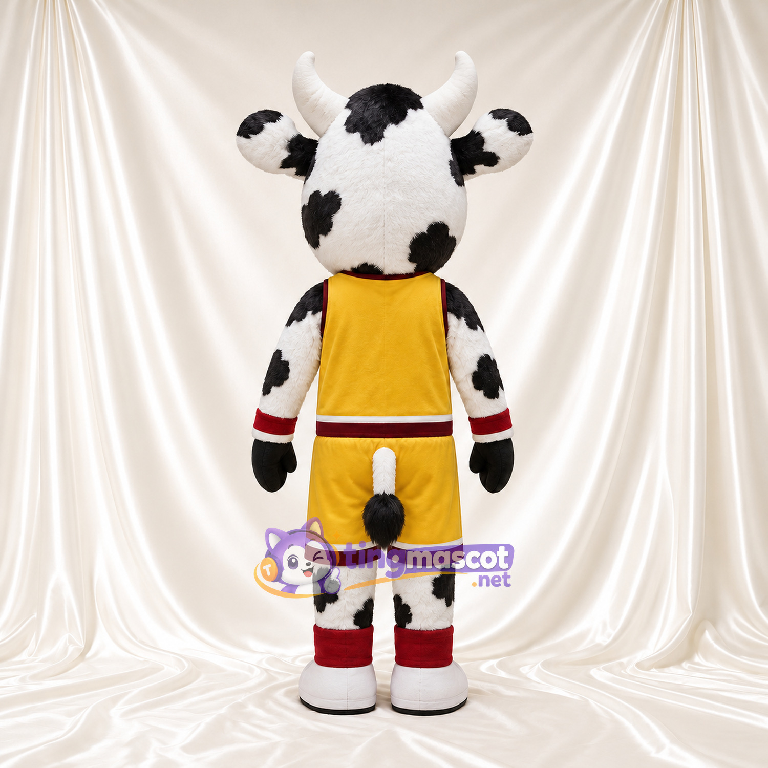 Black and White Cow Mascot Costume - Yellow Basketball Uniform Black and White Cow Mascot Costume - Yellow Basketball Uniform
