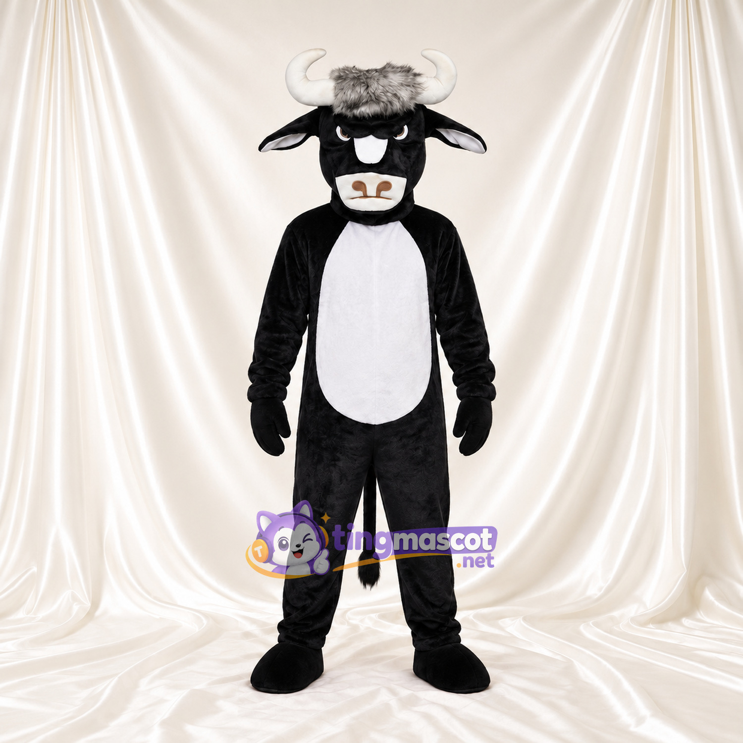 Black and White Bull Mascot Costume - White Belly and White Horns Black and White Bull Mascot Costume - White Belly and White Horns