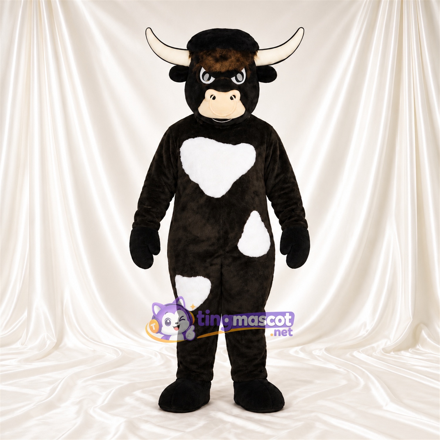 Black and White Bull Mascot Costume - White Chest and White Spots Black and White Bull Mascot Costume - White Chest and White Spots