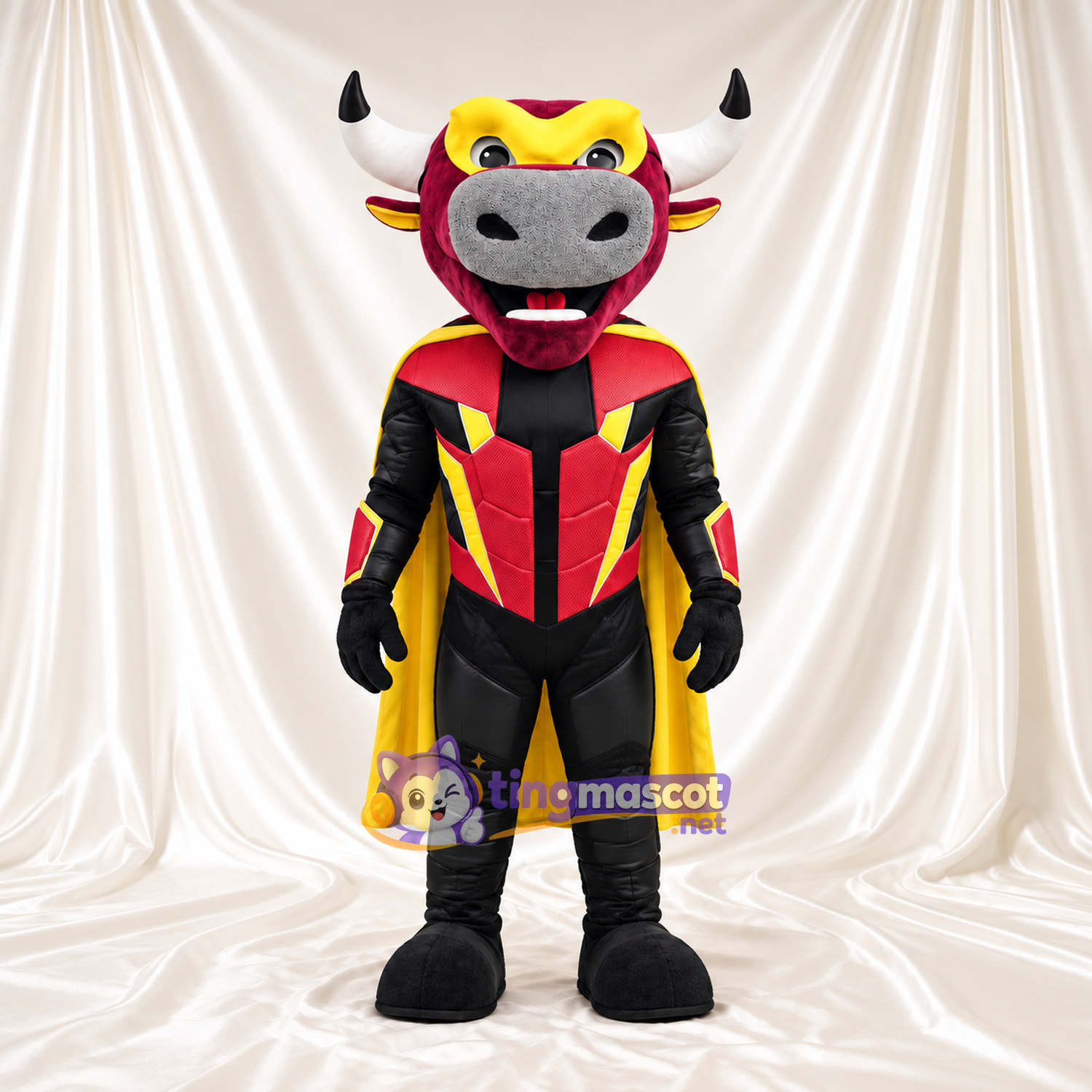 Black Bull Superhero Mascot Costume - Red and Yellow Outfit Black Bull Superhero Mascot Costume - Red and Yellow Outfit