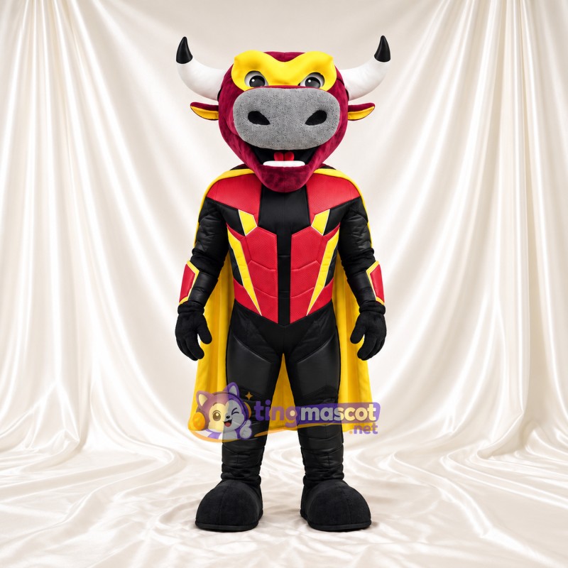 Black Bull Superhero Mascot Costume - Red and Yellow Outfit Black Bull Superhero Mascot Costume - Red and Yellow Outfit