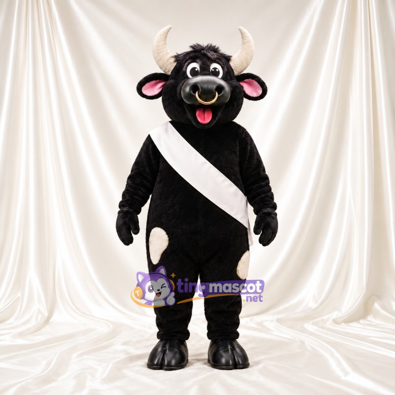 Costume de mascotte Taureau – noir – Écharpe en bandoulière (blanc) Costume de mascotte Taureau – noir – Écharpe en bandoulière (blanc)