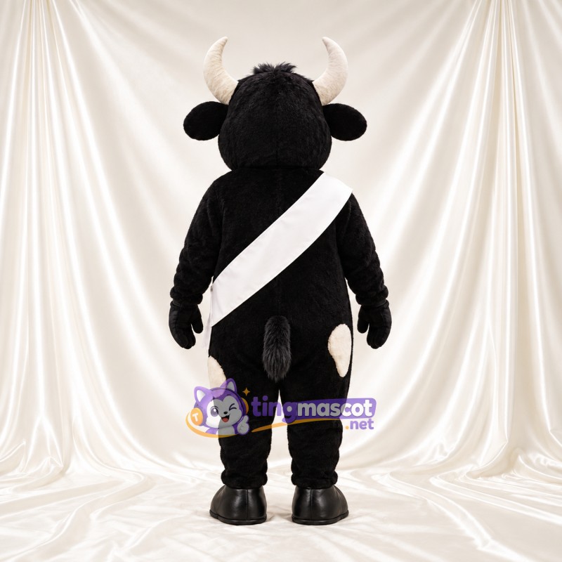 Costume de mascotte Taureau – noir – Écharpe en bandoulière (blanc) Costume de mascotte Taureau – noir – Écharpe en bandoulière (blanc)