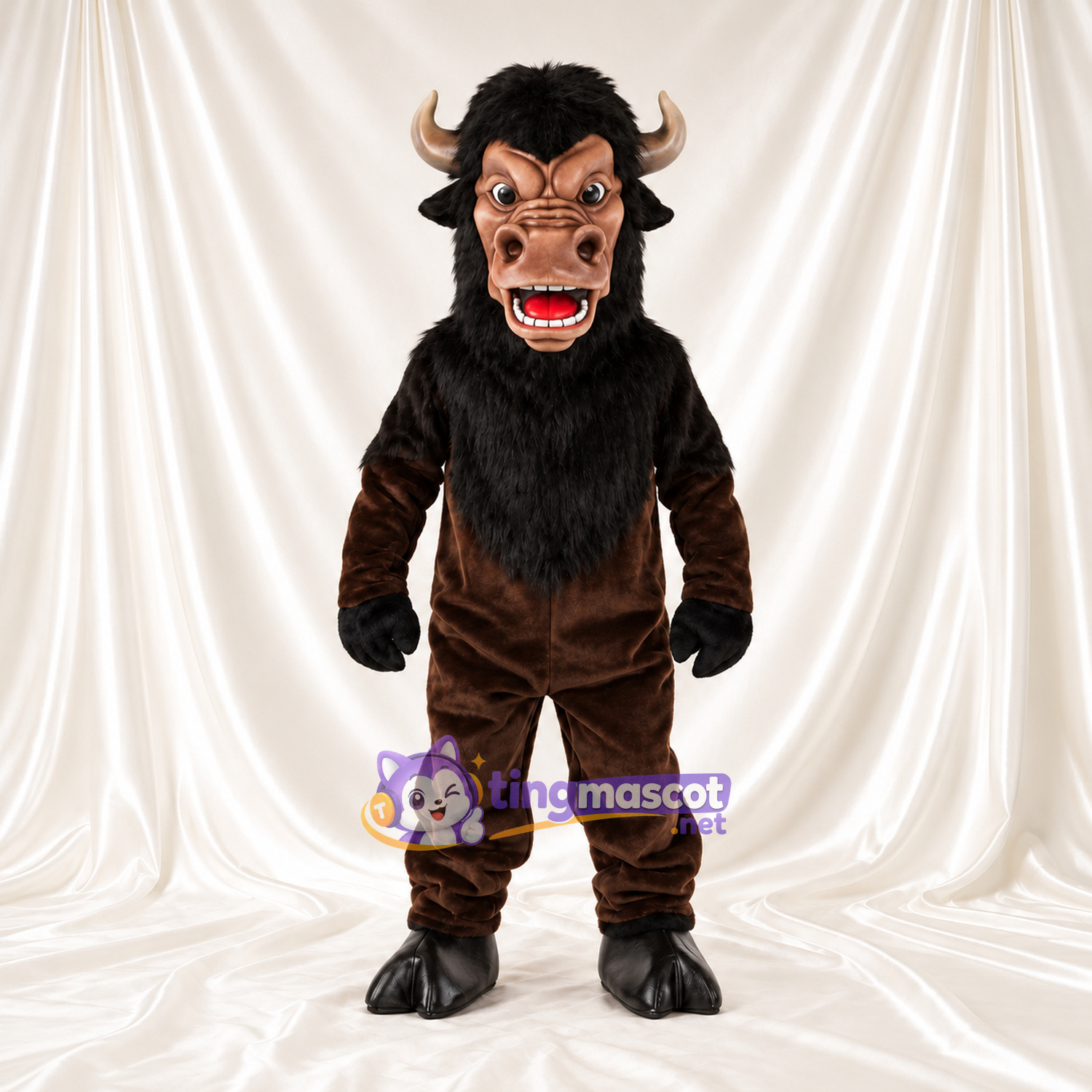 Costume de mascotte Minotaure – marron / noir – Cornes courbées; Crinière (noir) Costume de mascotte Minotaure – marron / noir – Cornes courbées; Crinière (noir)