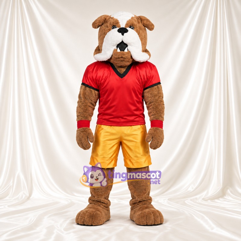 Costume de mascotte Bouledogue – marron / blanc – Chemise (rouge); Short (jaune) Costume de mascotte Bouledogue – marron / blanc – Chemise (rouge); Short (jaune)