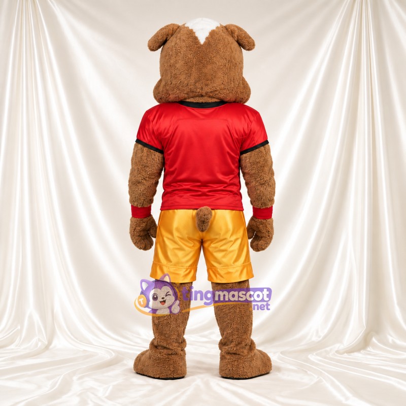 Costume de mascotte Bouledogue – marron / blanc – Chemise (rouge); Short (jaune) Costume de mascotte Bouledogue – marron / blanc – Chemise (rouge); Short (jaune)