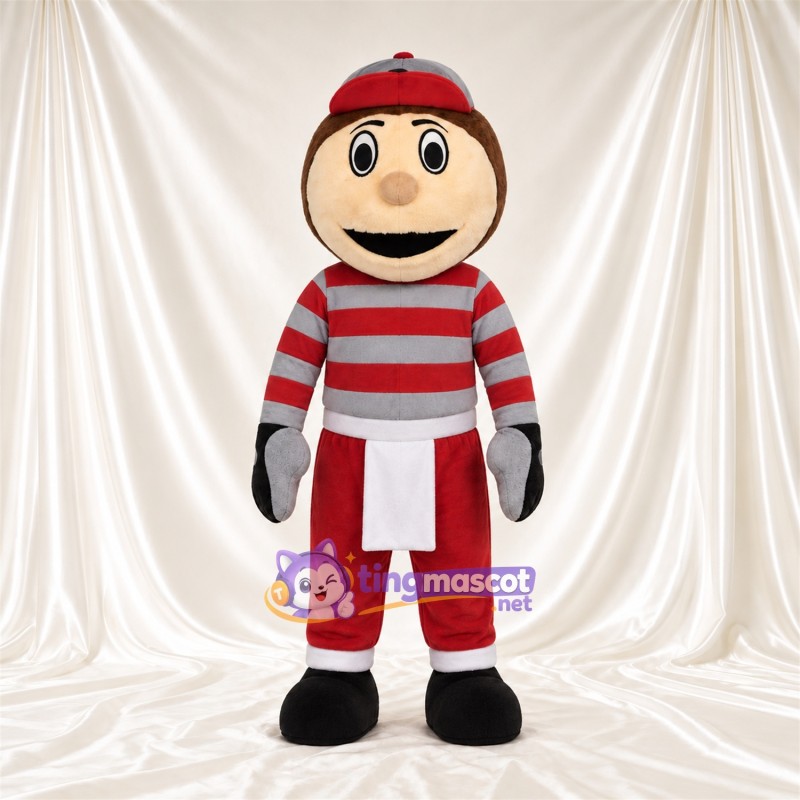 Red and Gray Cartoon Boy Mascot Costume - Striped Shirt and Red Pants, Black Gloves and White Waist Panel Red and Gray Cartoon Boy Mascot Costume - Striped Shirt and Red Pants, Black Gloves and White Waist Panel