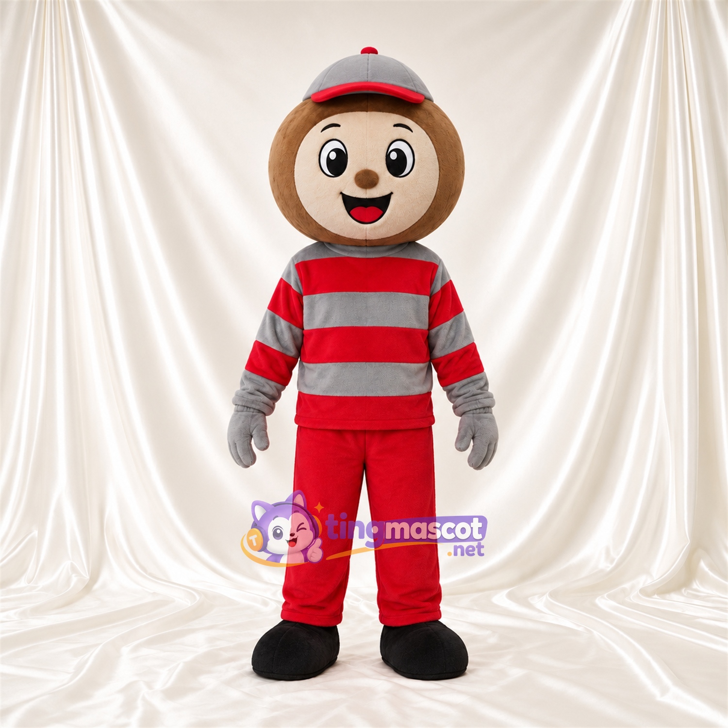 Red and Gray Cartoon Boy Mascot Costume - Red and Gray Striped Outfit Red and Gray Cartoon Boy Mascot Costume - Red and Gray Striped Outfit