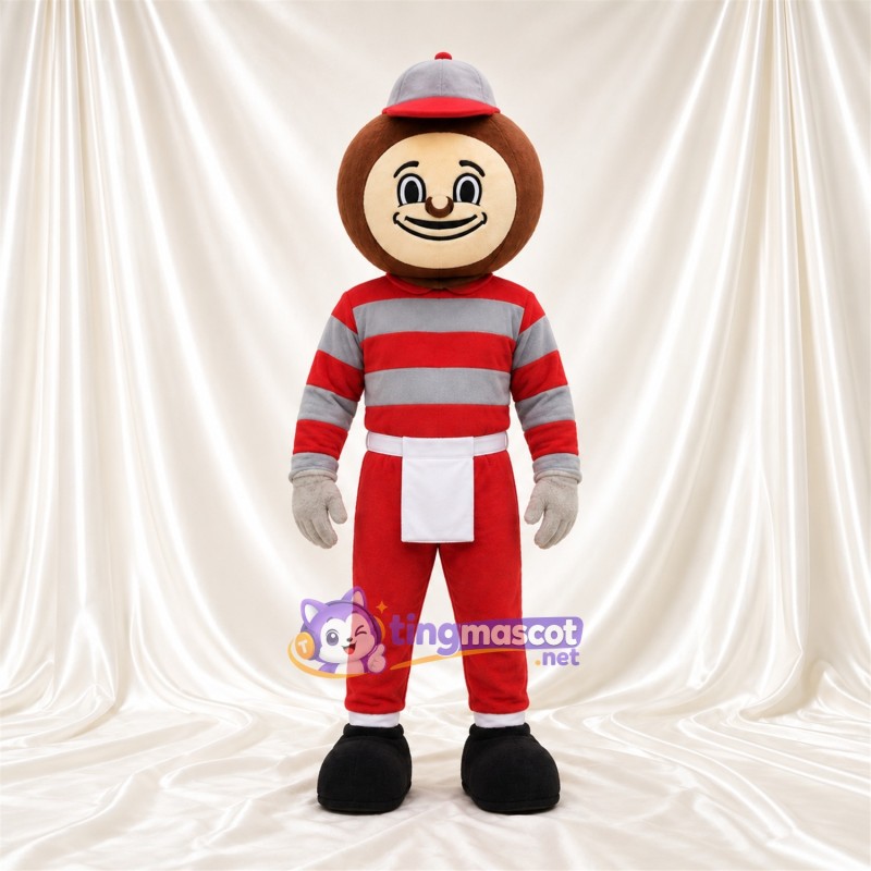Red and Gray Cartoon Boy Mascot Costume - Striped Shirt and Red Pants, Curled Moustache and White Waist Panel Red and Gray Cartoon Boy Mascot Costume - Striped Shirt and Red Pants, Curled Moustache and White Waist Panel