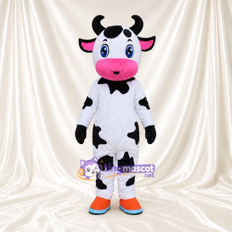 Black and White Cow Mascot Costume - Blue Eyes and Orange and Blue Shoes Black and White Cow Mascot Costume - Blue Eyes and Orange and Blue Shoes