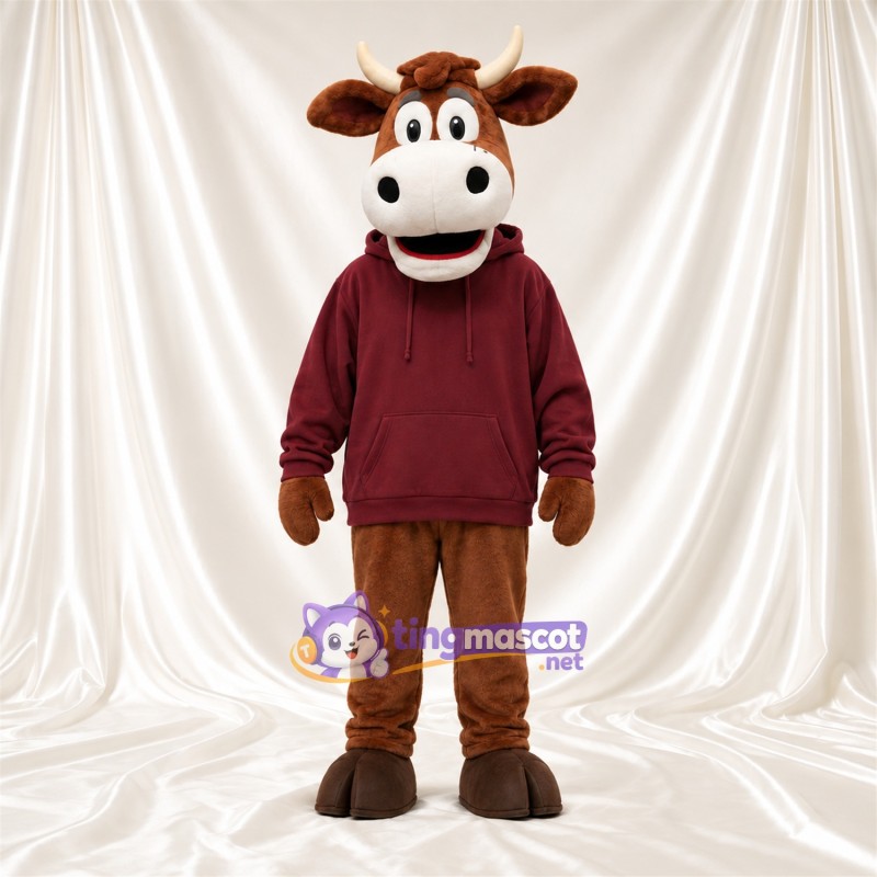 Brown Cow Mascot Costume - Burgundy Hoodie Brown Cow Mascot Costume - Burgundy Hoodie