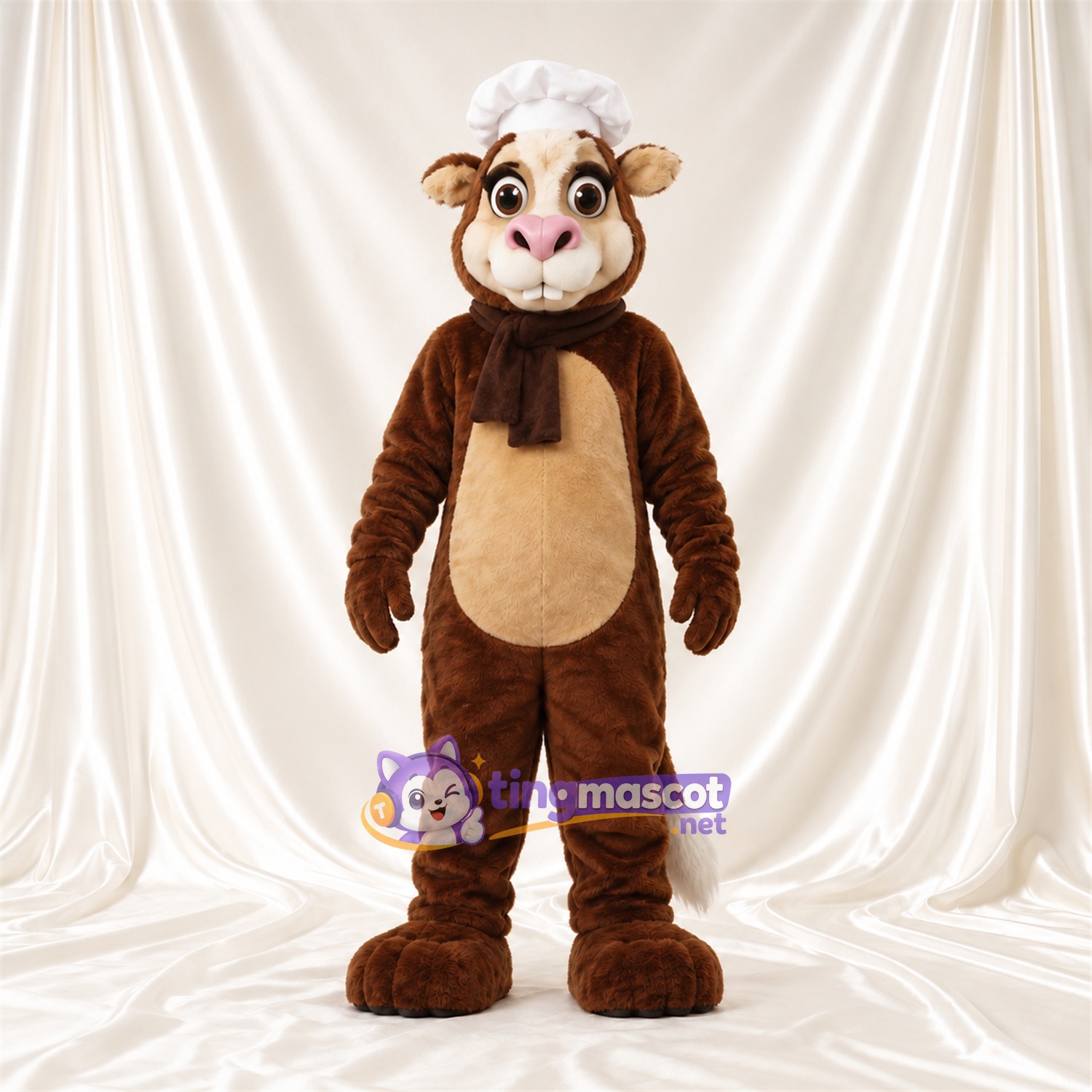 Costume de mascotte Animal cuisinier – marron – Toque de chef; Écharpe (marron) Costume de mascotte Animal cuisinier – marron – Toque de chef; Écharpe (marron)