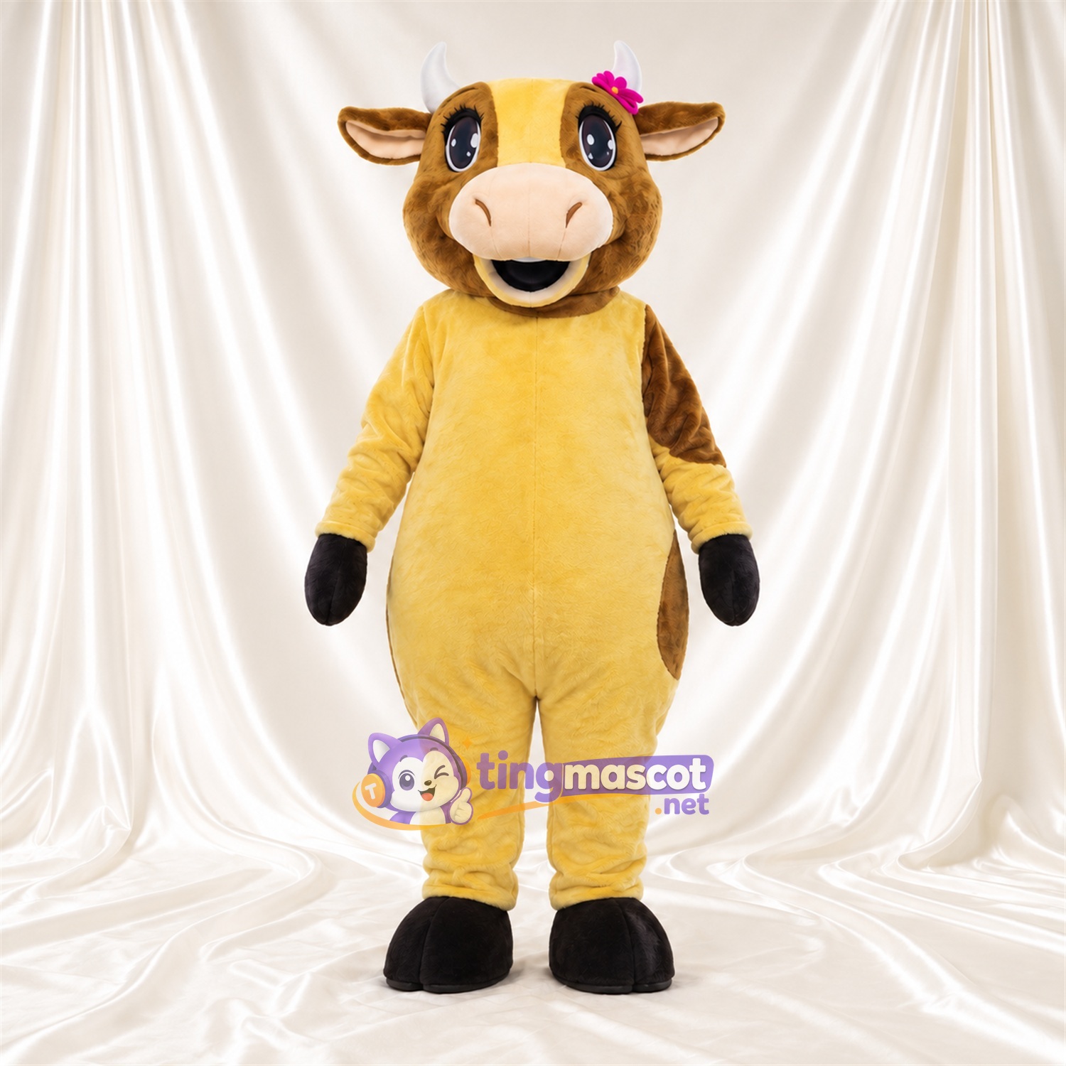 Costume de mascotte Vache – jaune – Taches (marron); Tête Costume de mascotte Vache – jaune – Taches (marron); Tête