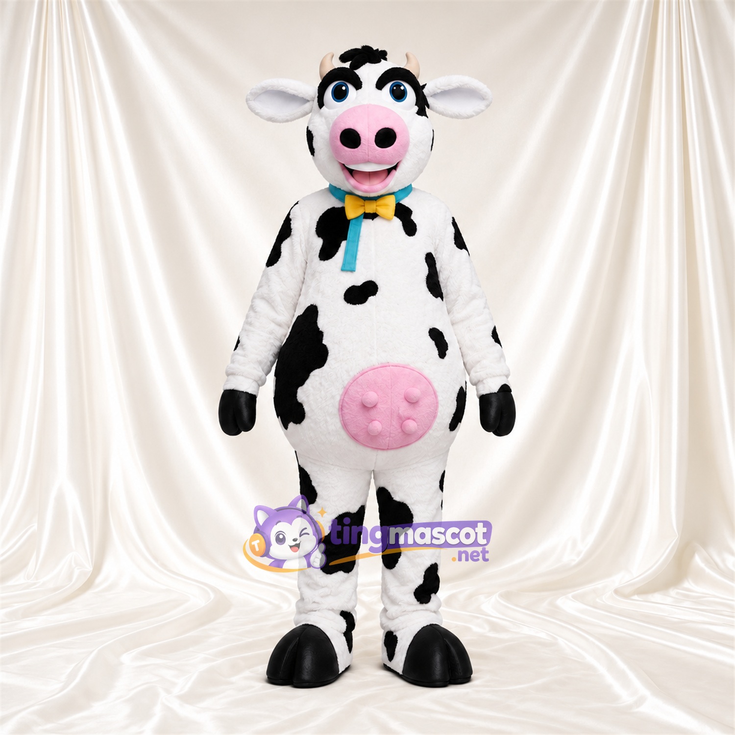 Black and White Cow Mascot Costume - Bow Tie Pink Udder Black and White Cow Mascot Costume - Bow Tie Pink Udder