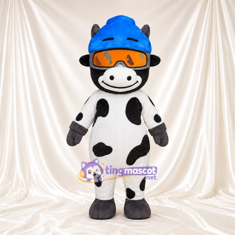 Black and White Cow Mascot Costume - Blue Helmet Orange Goggles Black and White Cow Mascot Costume - Blue Helmet Orange Goggles