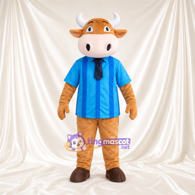 Costume de mascotte Vache – brun clair – Chemise (bleu); Cravate (noir) Costume de mascotte Vache – brun clair – Chemise (bleu); Cravate (noir)