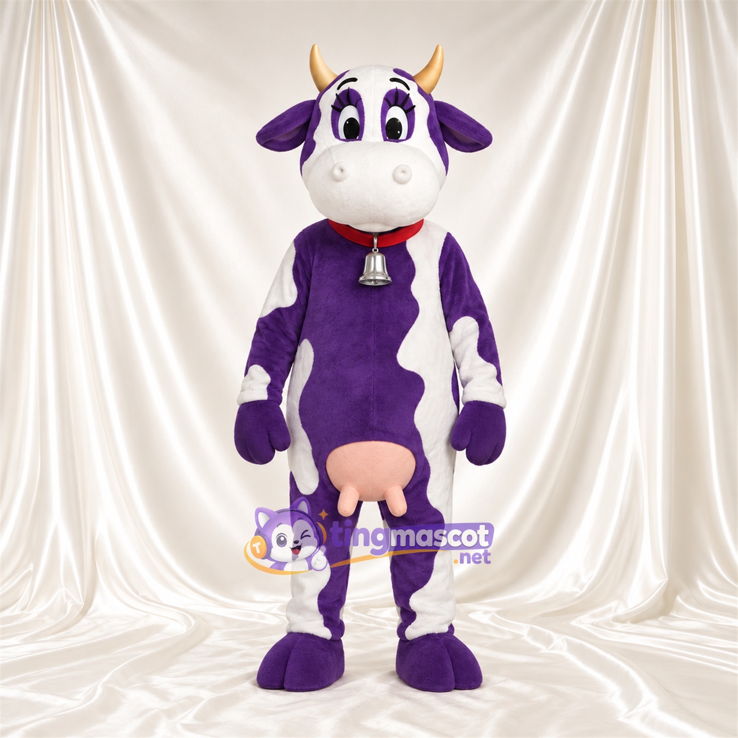 Costume de mascotte Vache – violet / blanc – Collier à clochette Costume de mascotte Vache – violet / blanc – Collier à clochette