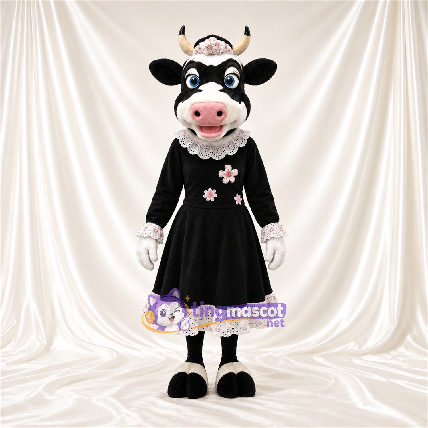 Black and White Cow Mascot Costume - Black Lace Dress Black and White Cow Mascot Costume - Black Lace Dress