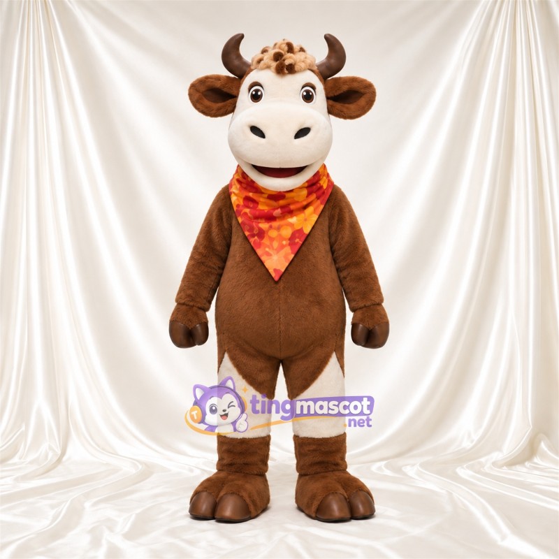 Brown Cow Mascot Costume - Orange Bandana Brown Cow Mascot Costume - Orange Bandana