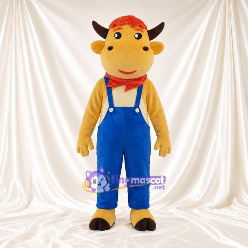 Costume de mascotte Vache – jaune – Salopette (bleu) Costume de mascotte Vache – jaune – Salopette (bleu)
