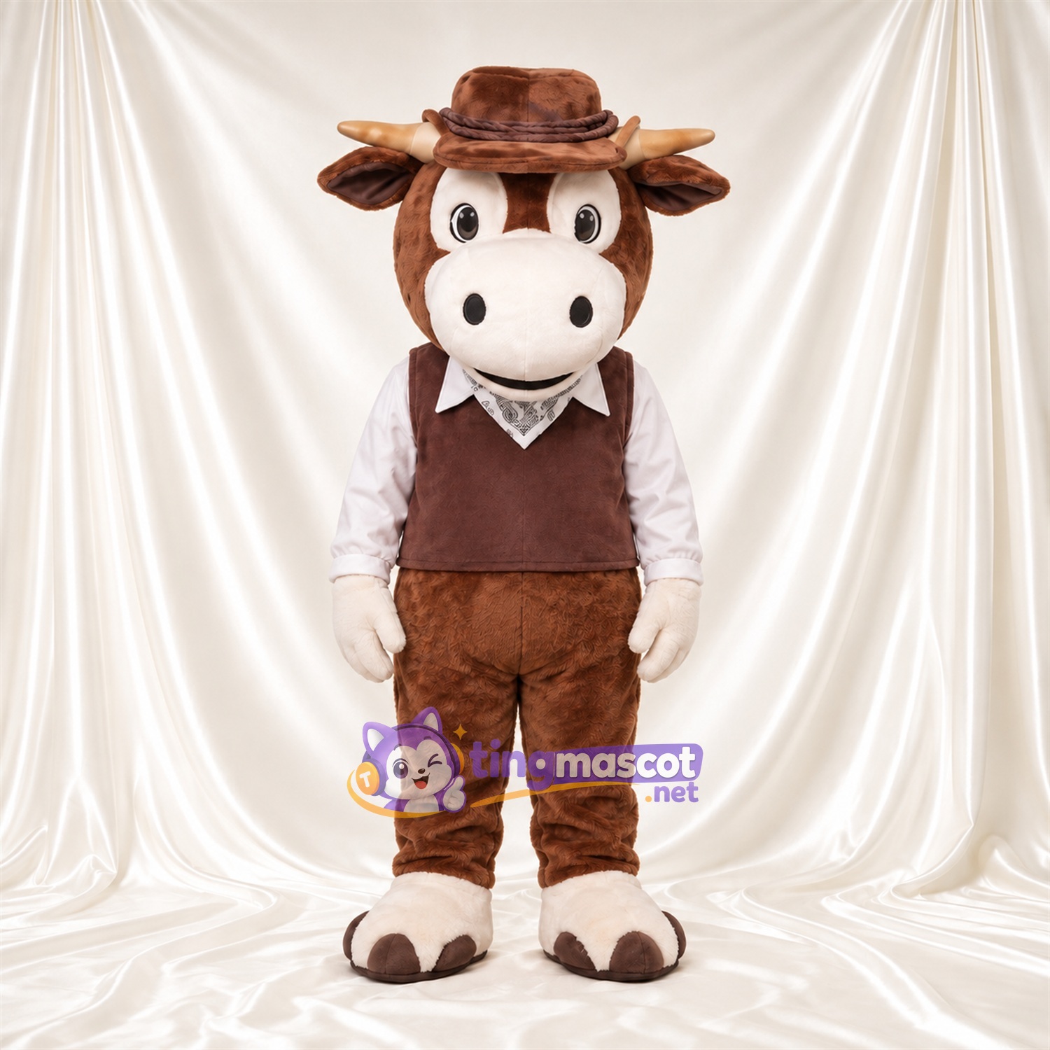 Costume de mascotte Vache – marron – Chapeau de cowboy (marron); Gilet Costume de mascotte Vache – marron – Chapeau de cowboy (marron); Gilet