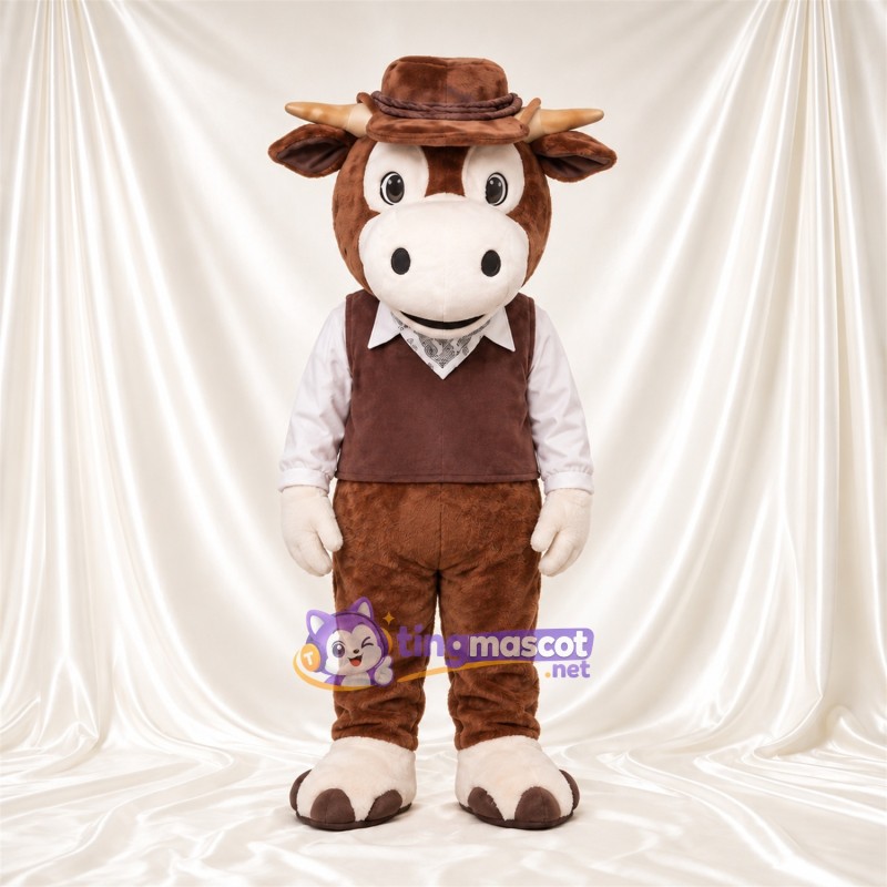 Costume de mascotte Vache – marron – Chapeau de cowboy (marron); Gilet Costume de mascotte Vache – marron – Chapeau de cowboy (marron); Gilet