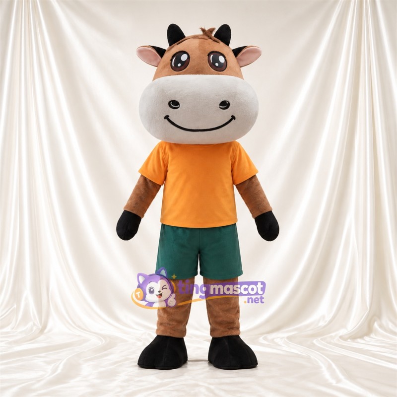 Costume de mascotte Vache – marron – Chemise (orange); Short (vert) Costume de mascotte Vache – marron – Chemise (orange); Short (vert)