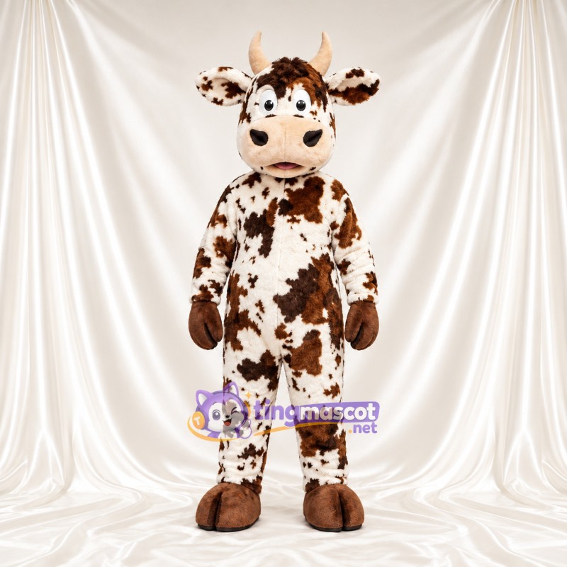 Maskottchenkostüm Kuh – braun / weiß – Hufe (braun); Kleines Fleckenmuster Maskottchenkostüm Kuh – braun / weiß – Hufe (braun); Kleines Fleckenmuster