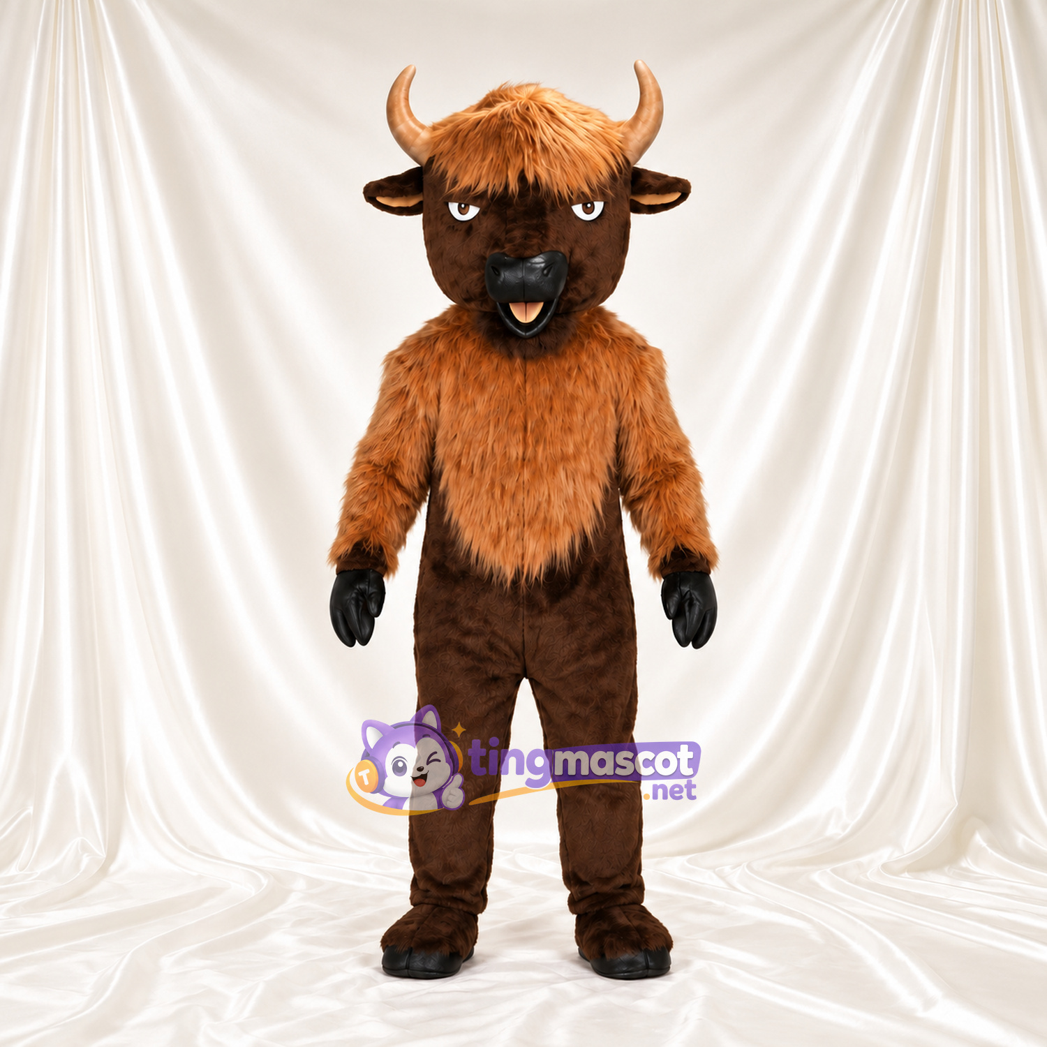 Brown Cow Mascot Costume - Blond Head Tuft and Shaggy Black Neck Ruff Brown Cow Mascot Costume - Blond Head Tuft and Shaggy Black Neck Ruff