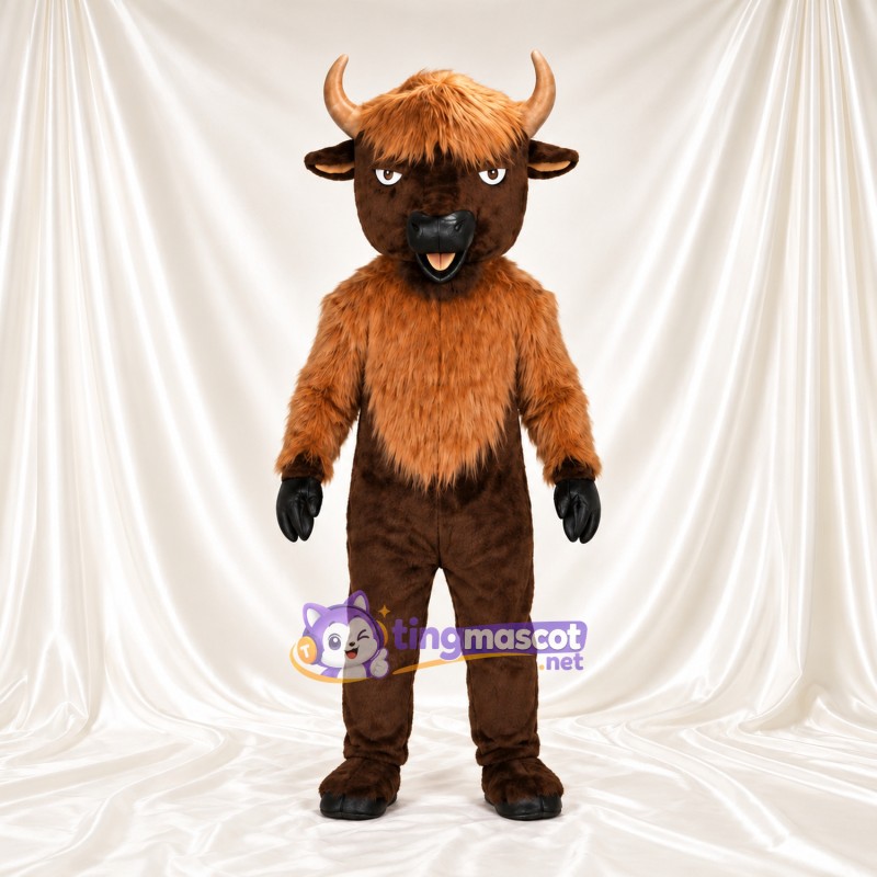 Brown Cow Mascot Costume - Blond Head Tuft and Shaggy Black Neck Ruff Brown Cow Mascot Costume - Blond Head Tuft and Shaggy Black Neck Ruff