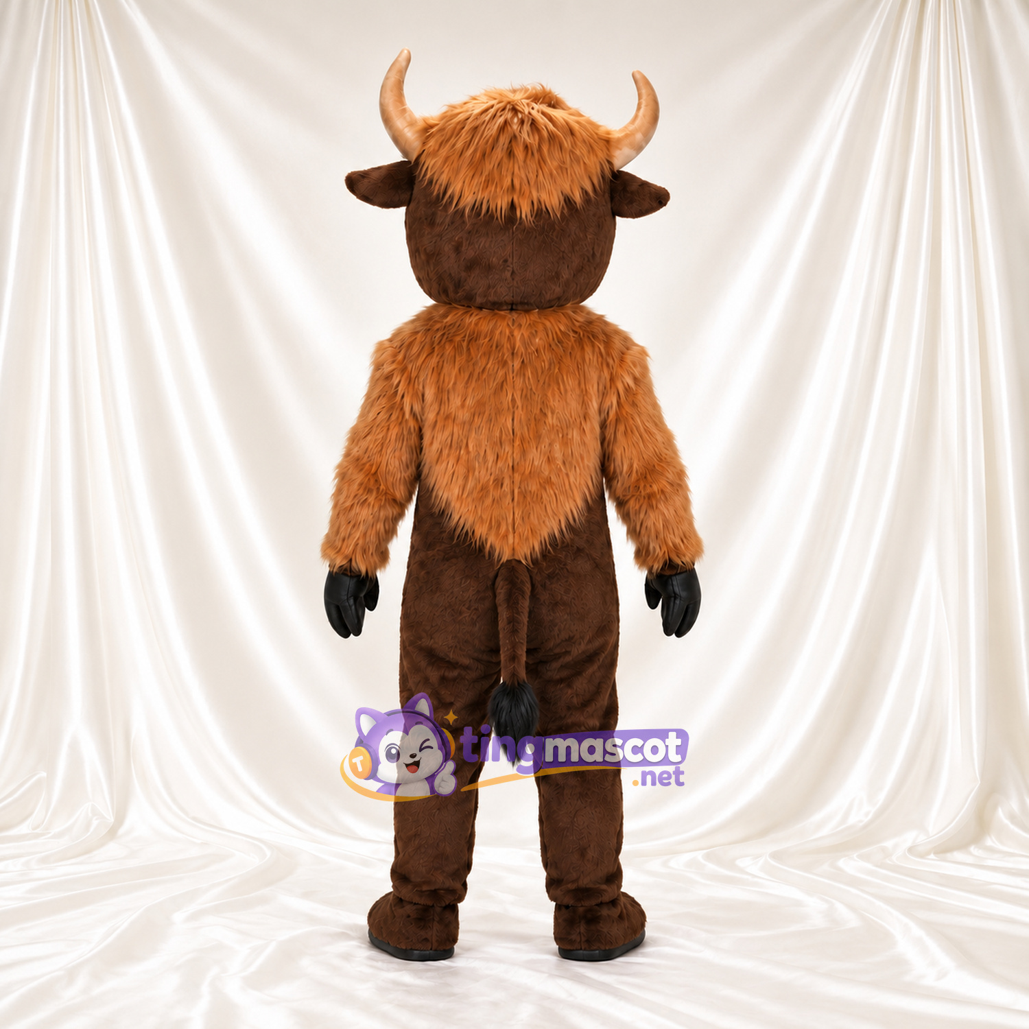 Brown Cow Mascot Costume - Blond Head Tuft and Shaggy Black Neck Ruff Brown Cow Mascot Costume - Blond Head Tuft and Shaggy Black Neck Ruff