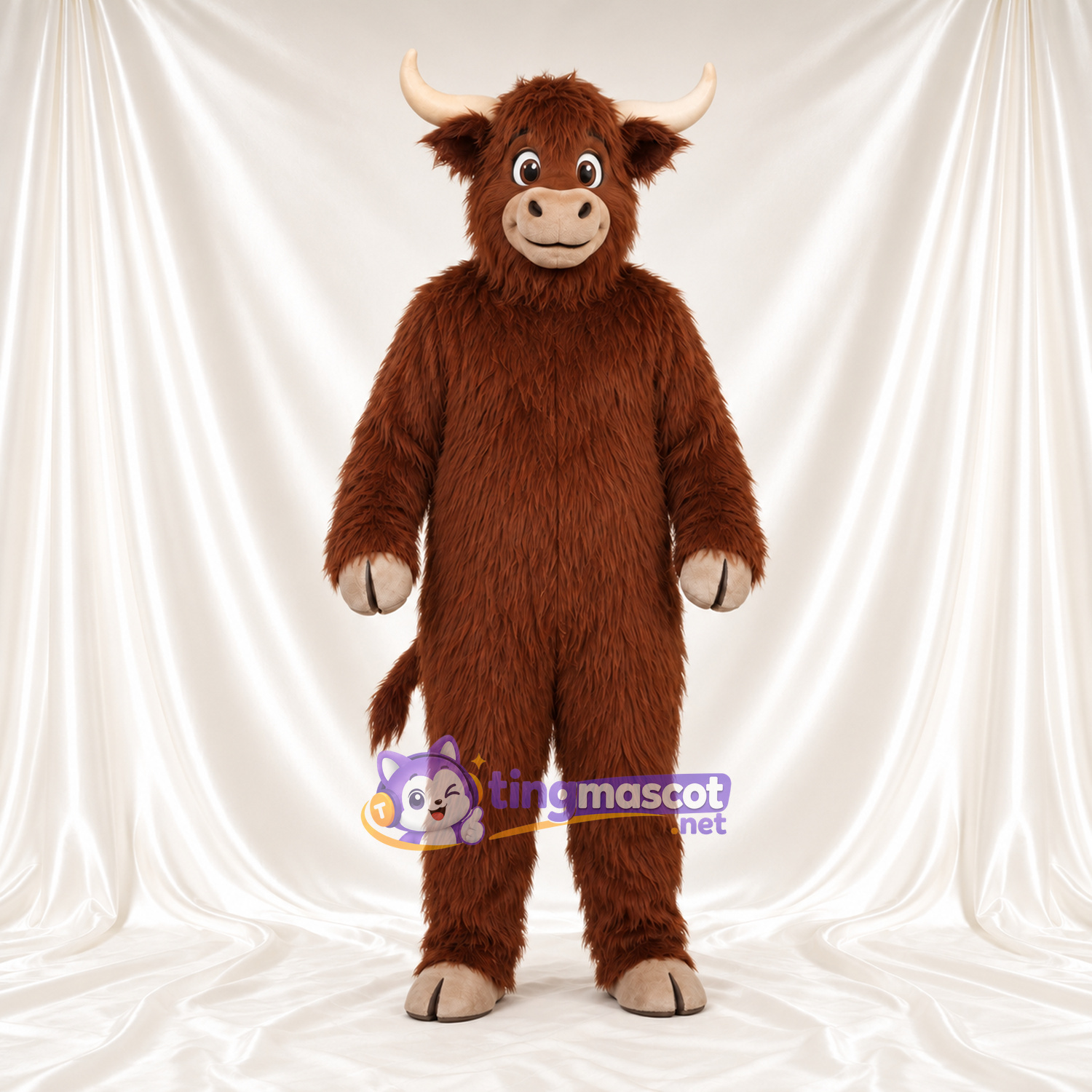 Costume de mascotte Vache – marron – Bouts des orteils (crème); Fourrure hirsute Costume de mascotte Vache – marron – Bouts des orteils (crème); Fourrure hirsute