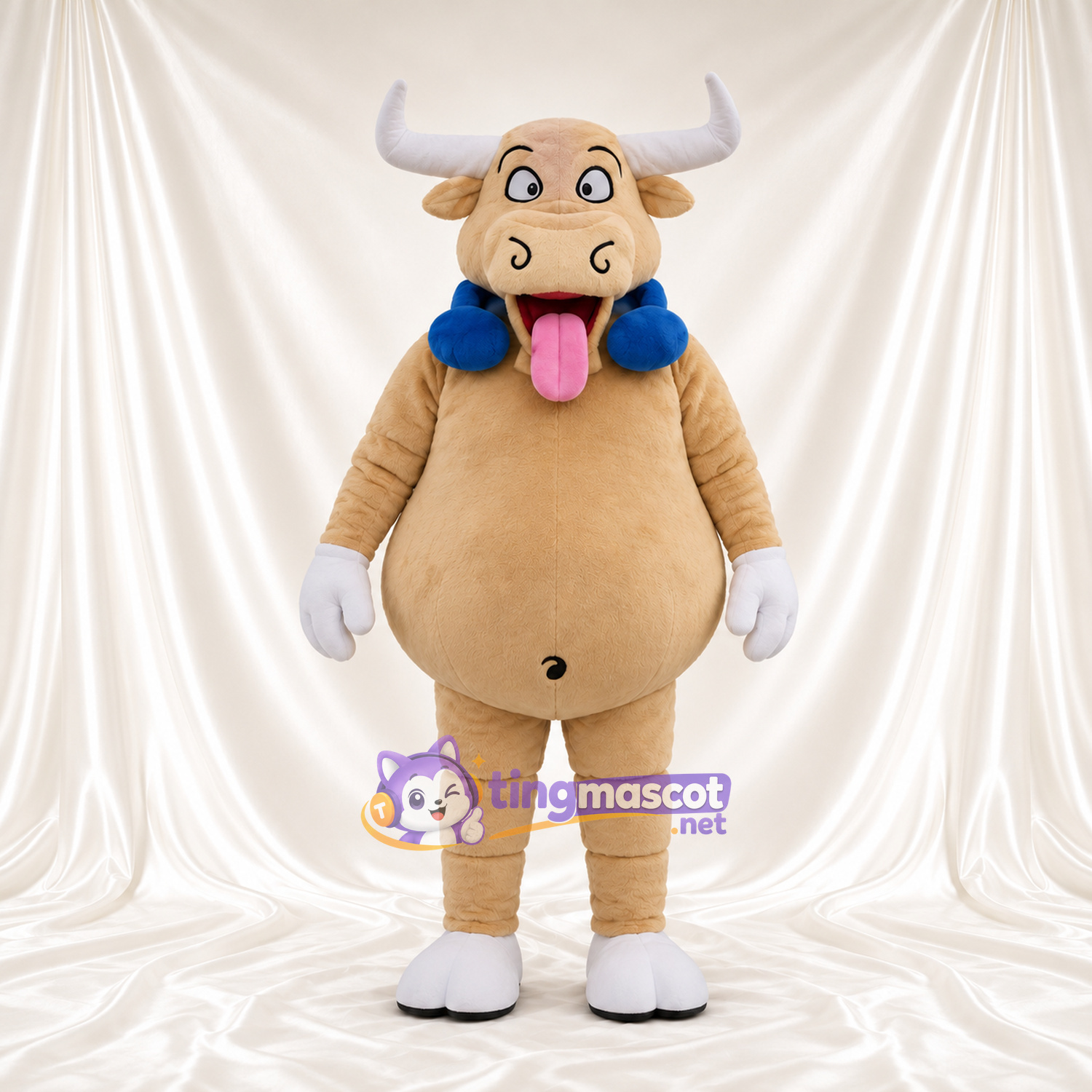 Costume de mascotte Vache – brun clair – Col (bleu) Costume de mascotte Vache – brun clair – Col (bleu)