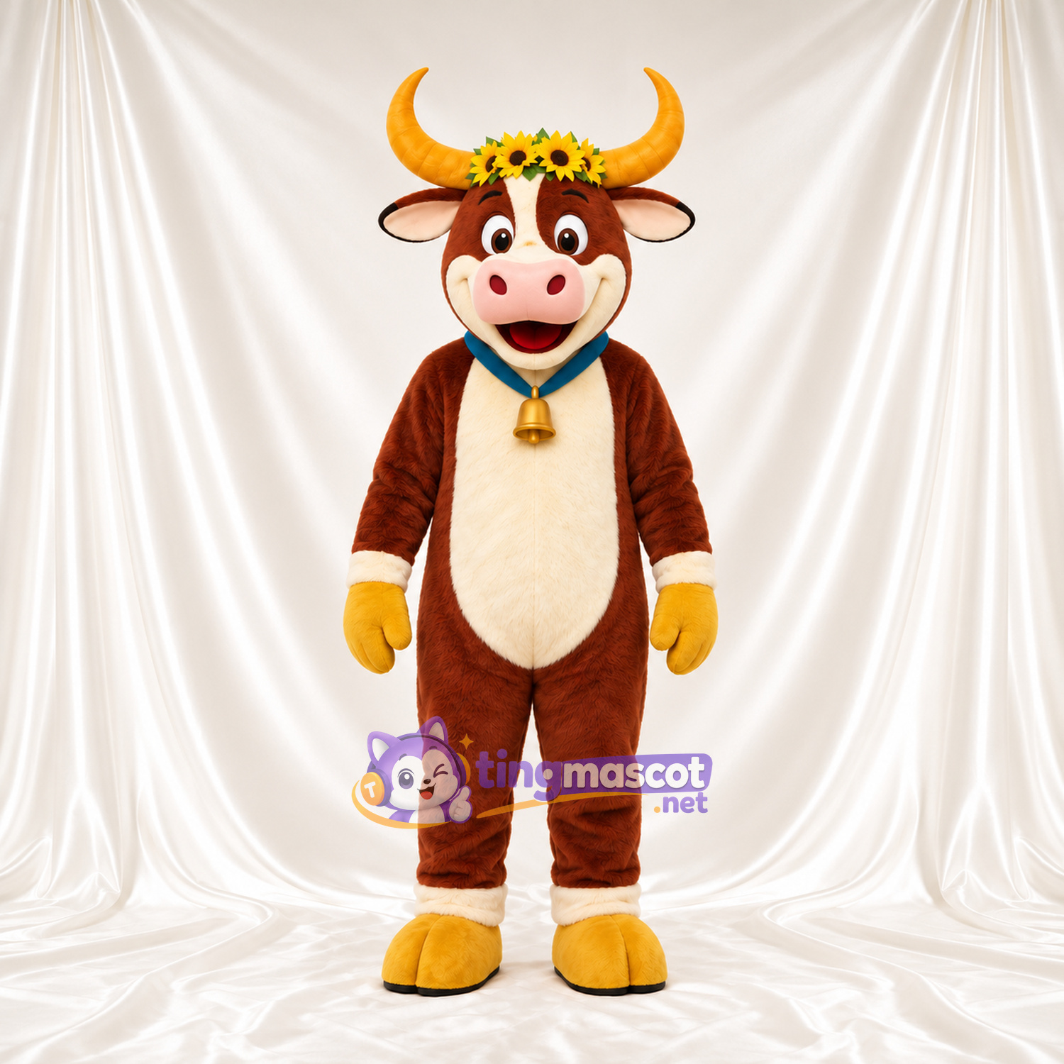 Brown Cow Mascot Costume - Flower Crown Bell Collar Brown Cow Mascot Costume - Flower Crown Bell Collar