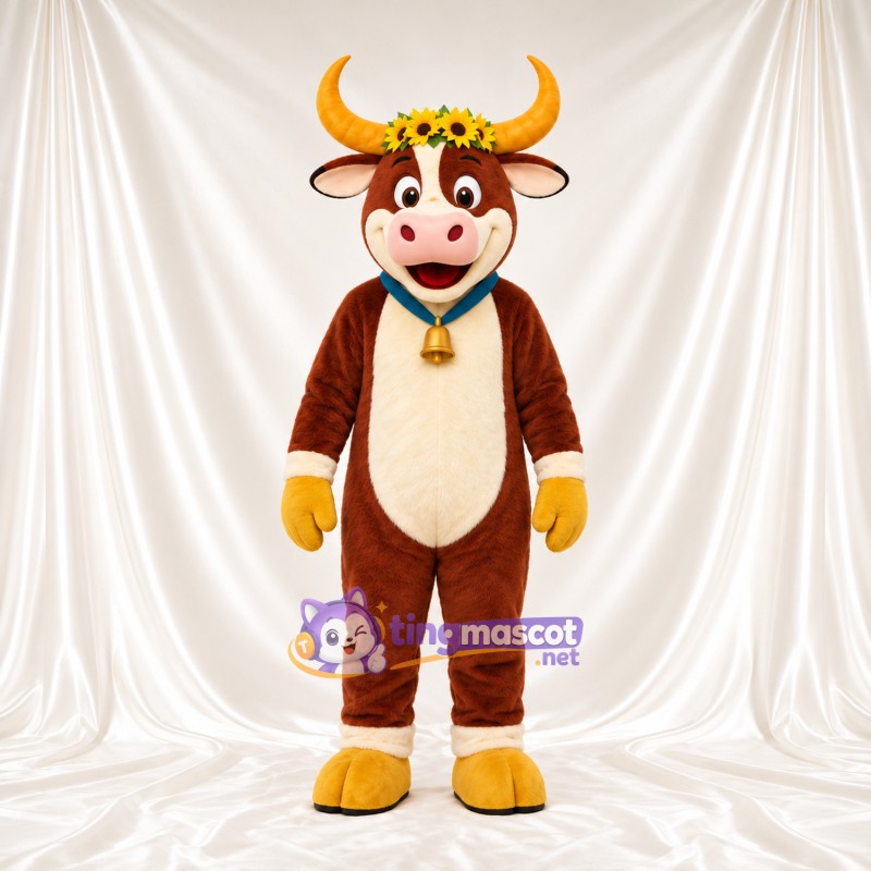 Brown Cow Mascot Costume - Flower Crown Bell Collar Brown Cow Mascot Costume - Flower Crown Bell Collar