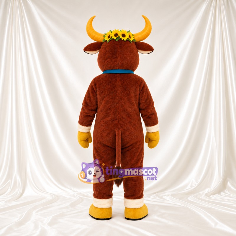 Brown Cow Mascot Costume - Flower Crown Bell Collar Brown Cow Mascot Costume - Flower Crown Bell Collar