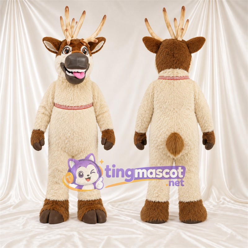 Brown Reindeer Mascot Costume - Cream Antlers and Pink Tongue