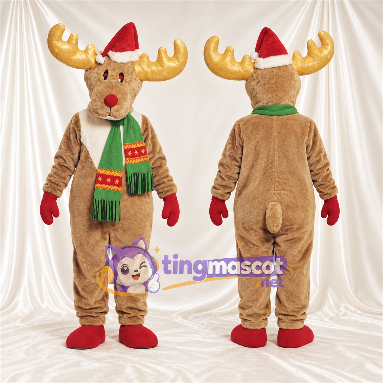 Costume de mascotte Renne – brun clair – Bonnet de Noël; Écharpe (vert) Costume de mascotte Renne – brun clair – Bonnet de Noël; Écharpe (vert)