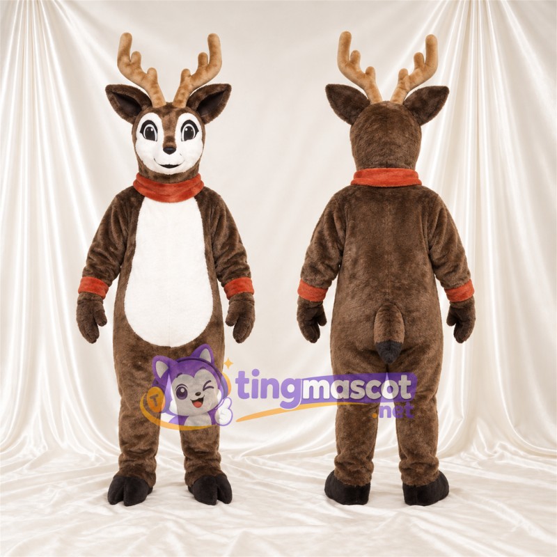 Brown Reindeer Mascot Costume - Cream Antlers and Red Collar