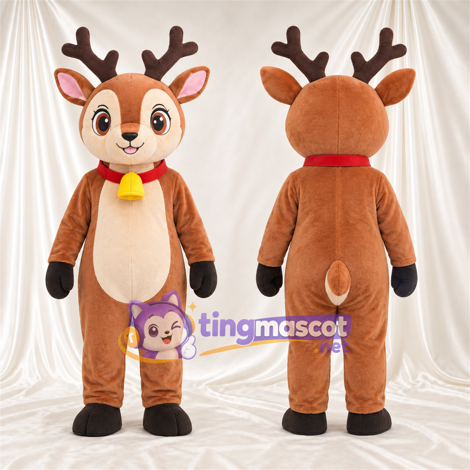 Brown Reindeer Mascot Costume - Bell Collar, Cream Belly and Brown Antlers Brown Reindeer Mascot Costume - Bell Collar, Cream Belly and Brown Antlers
