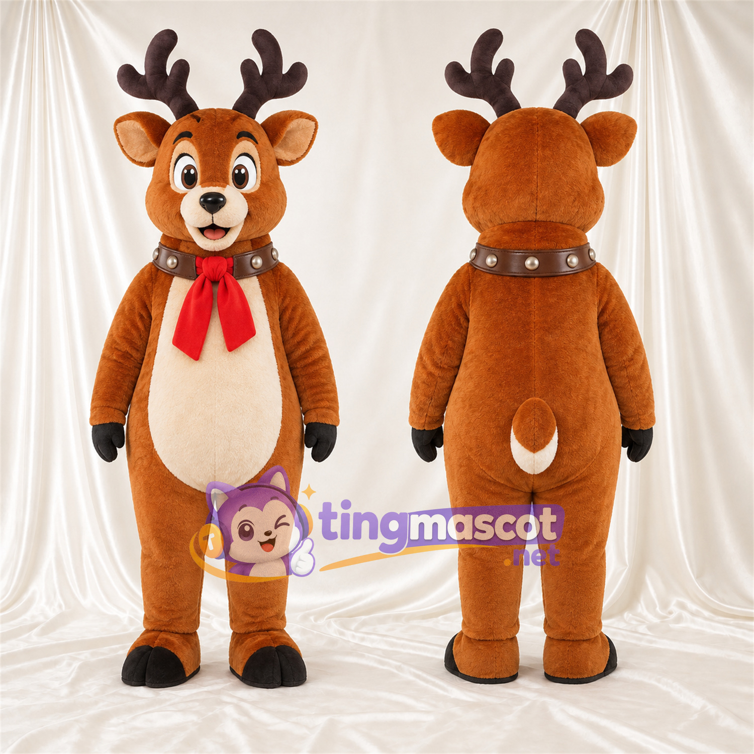 Brown Reindeer Mascot Costume - Bell Collar and Red Bow Brown Reindeer Mascot Costume - Bell Collar and Red Bow