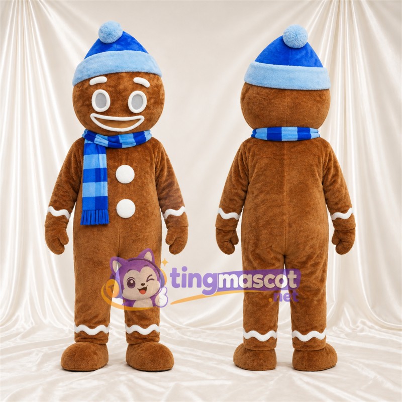 Brown Gingerbread Man Mascot Costume - Blue Hat and Scarf