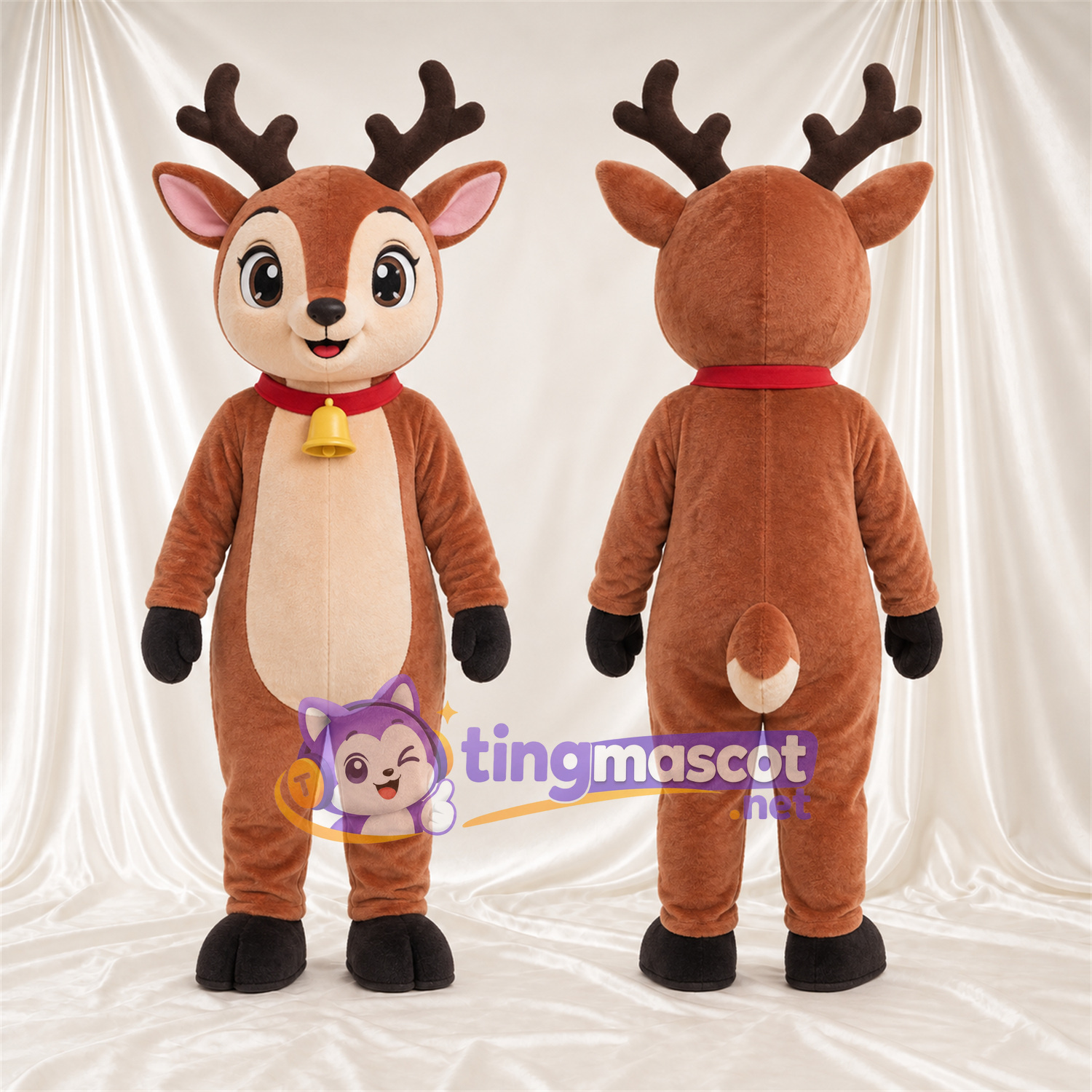 Brown Reindeer Mascot Costume - Bell Collar, Cream Belly and Brown Antlers Brown Reindeer Mascot Costume - Bell Collar, Cream Belly and Brown Antlers