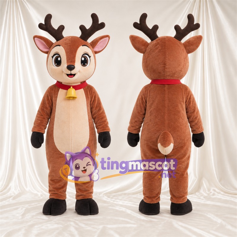 Brown Reindeer Mascot Costume - Bell Collar, Cream Belly and Brown Antlers